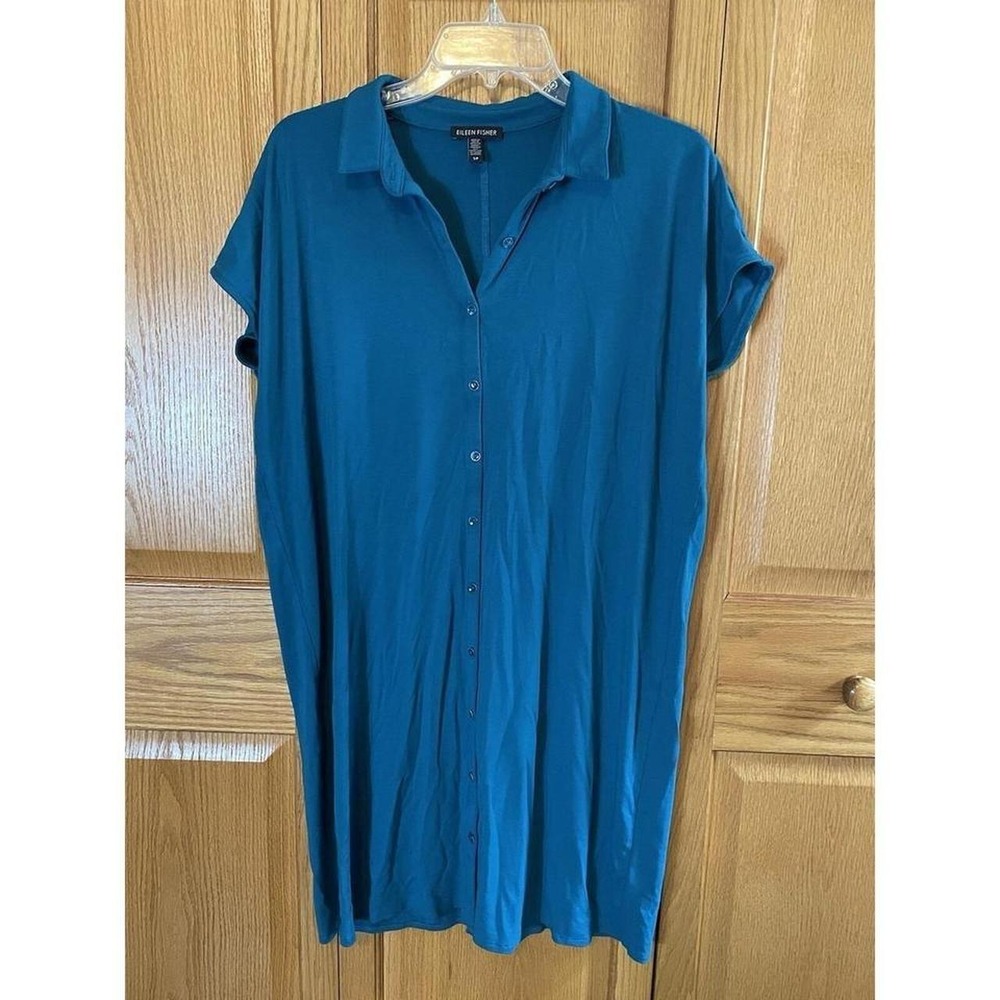 Eileen Fisher Button Front Shift Dress Size S Teal S/S Stretch Knit Collared